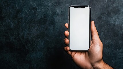 The smartphone is being held in a hand, displaying its sleek exterior and bright screen. Soft natural light accentuates its modern features against a dramatic dark backdrop