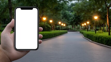 The smartphone is being held in a hand, displaying its sleek exterior and bright screen. Soft natural light accentuates its modern features against a dramatic dark backdrop