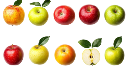 Natural display of apples and their leaves isolated on a white background, emphasizing clarity and freshness.