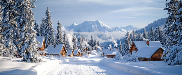 Winter road in the village. Snowy road through an ancient village with wooden houses and snow-covered fir trees. An idyllic winter scene with a fairy tale feel.