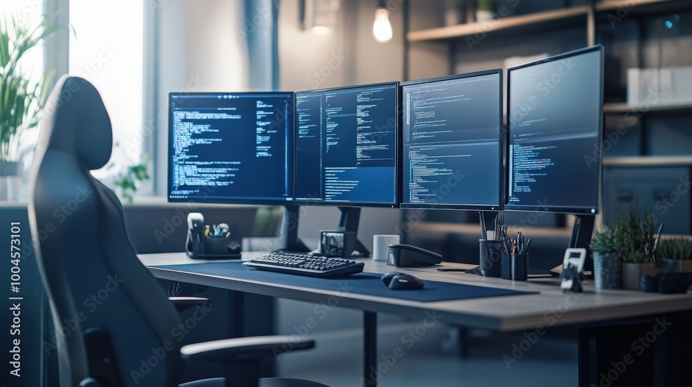 Poster the workspace displays a sleek setup with several monitors surrounded by greenery, ideal for focused