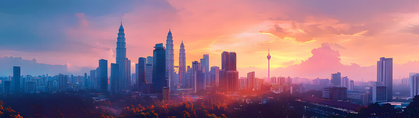 Obraz premium illustration colorful Kuala Lumpur skyline view in the morning.