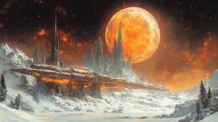 Futuristic Cityscape with a Glowing Red Moon