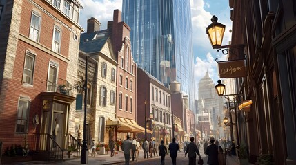 Fototapeta premium Lively city street with a blend of historic brick and stone buildings vintage street lamps and bustling pedestrians set against the backdrop of a towering modern glass skyscraper