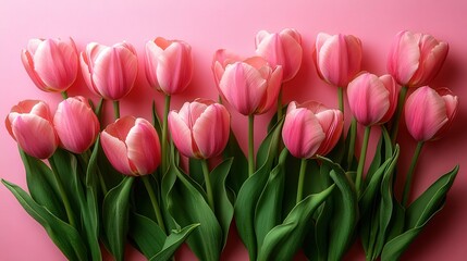 Naklejka premium Pink Tulips on Pink Background: A delicate arrangement of blush pink tulips, elegantly displayed against a matching backdrop. A serene and romantic image perfect for spring or Mother's Day.