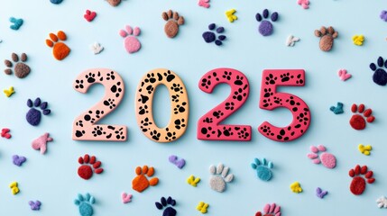 Vibrant 2025 Paw Print Design with Colorful Felt Animal Footprints on Pastel Background