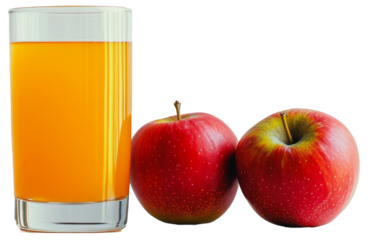 Detailed representation of a glass of apple juice with fresh apples on a plain white backdrop, emphasizing clarity.