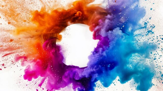 A colorful cloud of paint explodes around a blank circle on a white background