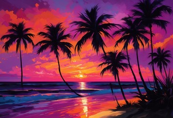 Obraz premium vibrant palm tree silhouettes colorful backgrounds highlighting distinct tropical imagery bold tones contrast, sunset, nature, beach, exotic, landscape