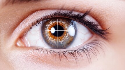 Closeup of eye with reticle overlay illustrating laser eye glaucoma treatment. Concept Ophthalmology, Glaucoma, Laser Treatment, Eye Health, Reticle Overlay