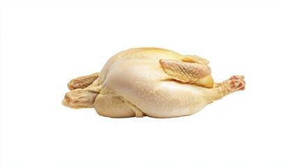 Obraz premium A whole, uncooked chicken is shown from the side, against a white background.