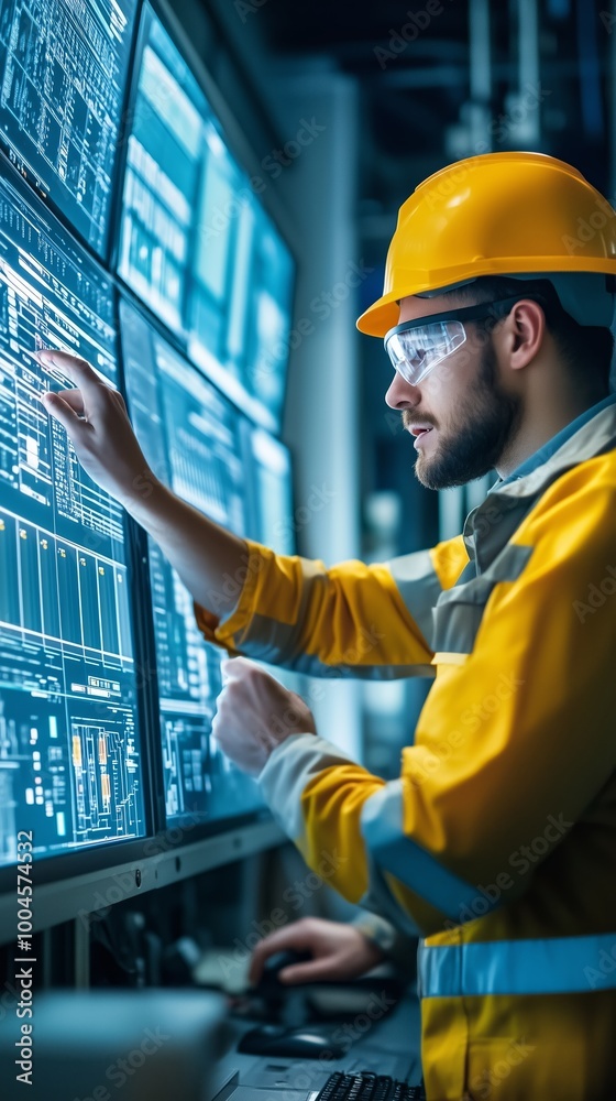 Poster engineer in a hard hat analyzing data on multiple screens in a high-tech control room during daytime