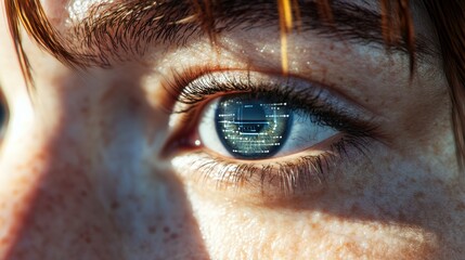 Female eye close up with smart contact lens with digital and bio-metric implants to scanning the ocular retina. Future concept and hi tech technology for computer scans of face identification