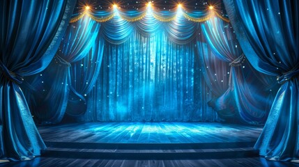 Stunningly lit theater stage with elegant blue curtains and dramatic spotlight for performances