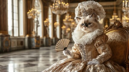 An elegant feline adorned in a lavish gown and holding a fan sits in a beautifully decorated palace hall