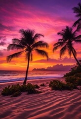Obraz premium vibrant beach sunset featuring colorful tropical gear stunning silhouette palm trees dusk, sky, waves, orange, clouds, horizon, light, reflections, scenery