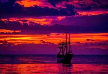Fototapeta premium stunning ship silhouette vibrant sunset backdrop highlighting dramatic colors serene ocean view, beach, beautiful, beauty, coastline, dawn, daybreak