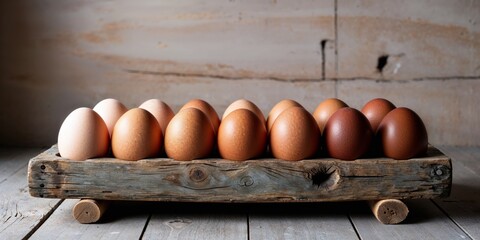 Fresh brown eggs on rustic wooden background.