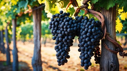 Fototapeta premium A bunch of black grape for wine on vineyard with vine on the background.