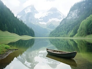 Obraz premium Tranquil alpine lake nestled in a lush forested valley with majestic snow capped peaks rising in the background a lone rowboat floating on the still mirror like surface