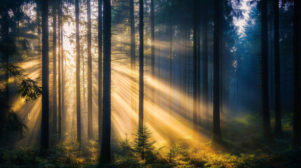 Naklejka premium A misty morning in a pine forest with sun rays filtering through the trees. 