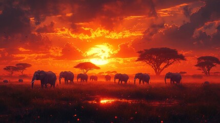 Fototapeta premium African Sunset with Elephants