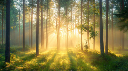 Fototapeta premium A misty morning in a pine forest with sun rays filtering through the trees. 