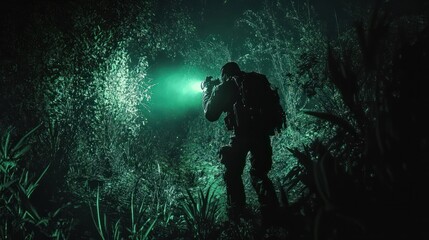 Night vision view of a smuggler hiding illegal goods in a dark, forested border area