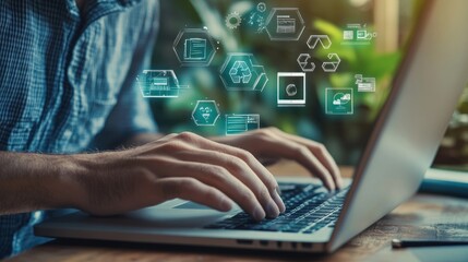 Fototapeta premium Man Typing on Laptop with Technology Icons