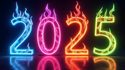 2025 Neon Sign with Burning Flames for New Year