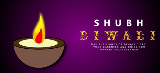Shubh diwali poster illustration with oil lamps, website header or banner design.