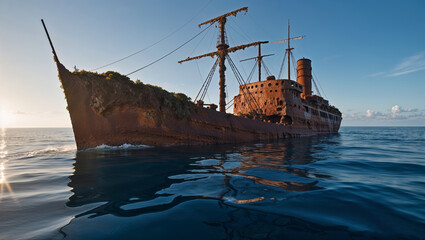 amazing rusty ship sunk in the middle of the sea with good day lighting in the blue pacific sea.