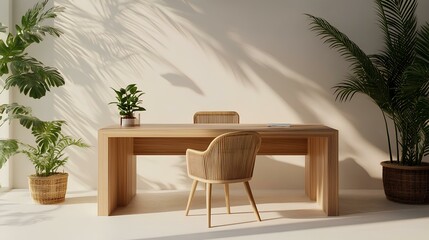 Fototapeta premium A modern workspace featuring a wooden desk, a stylish chair, and lush green plants against a neutral background.