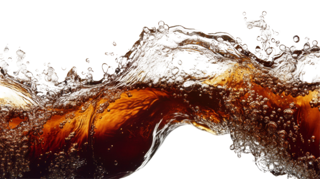 Vibrant cola liquid forming dynamic waves against a pristine white background in an energetic and refreshing presentation