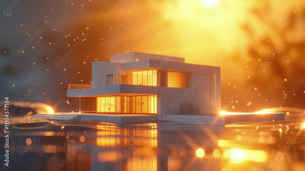Canvas Prints a miniature modern house with passive solar design features, set against an abstract background of s