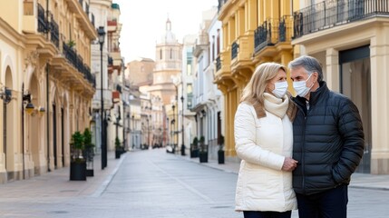 A cheerful senior couple wearing medical masks shares a warm hug on a bustling street in Spain, showcasing love and connection during challenging moments