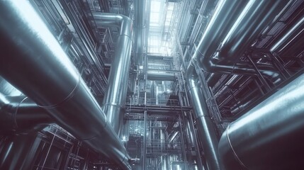 Obraz premium Steel pipelines and cables in factory interior as chemical industry background concept