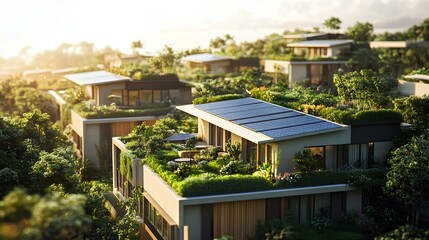 Fototapeta premium Eco-friendly residences surrounded by lush greenery and modern architecture, showcasing solar panels and sustainable design amid a serene landscape.