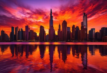 Fototapeta premium stunning vibrant cityscape sunset featuring illuminated skyline brilliant colors reflective waters, illumination, urban, buildings, reflections