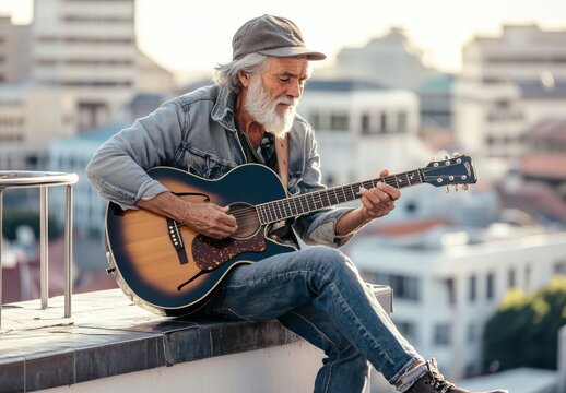 Older man playing his guitar on the rooftop of a building in the city