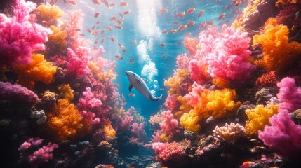 Obraz premium Dolphin Swimming Through Vibrant Coral Reef