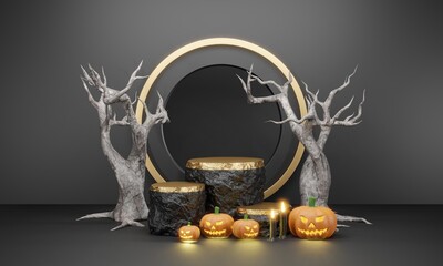 Podium minimal scene 3d with candle and podium Halloween platform. Halloween background with pumpkin podium. stand to show products. Stage Showcase on pedestal display stand.  3D render