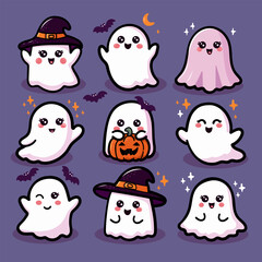Cute halloween ghosts set. Vector isolated illustration of adorable ghost, kawaii halloween.