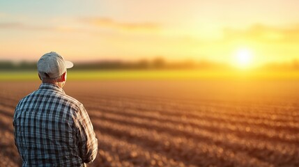 Farmer Watching Sunrise Over Vast Agricultural Field