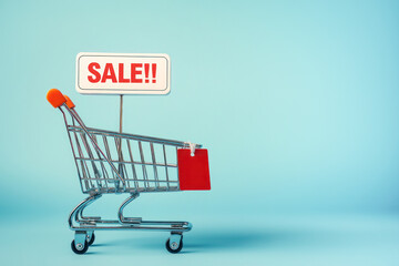 Shopping cart with a sale sign on a blue background.