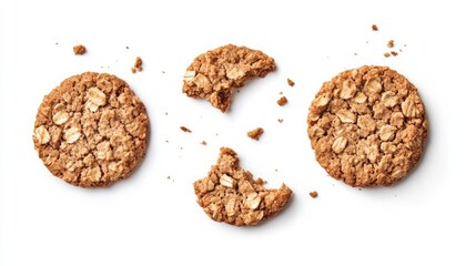 Broken oatmeal cookies top view isolated on a white background