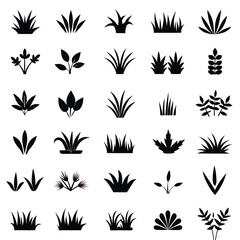 Fototapeta premium Minimalist Black Icons of Grass, Leaves, and Plants in Flat Design, Vector Graphics, Ink Drawing