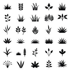 Minimalist Black Icons of Grass, Leaves, and Plants in Flat Design, Vector Graphics, Ink Drawing