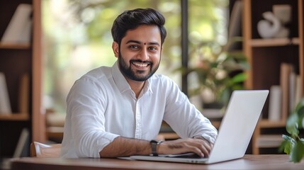 Smiling Man Working on Laptop in Modern Workspace
