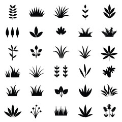 Minimalist Black Icons of Grass, Leaves, and Plants in Flat Design, Vector Graphics, Ink Drawing